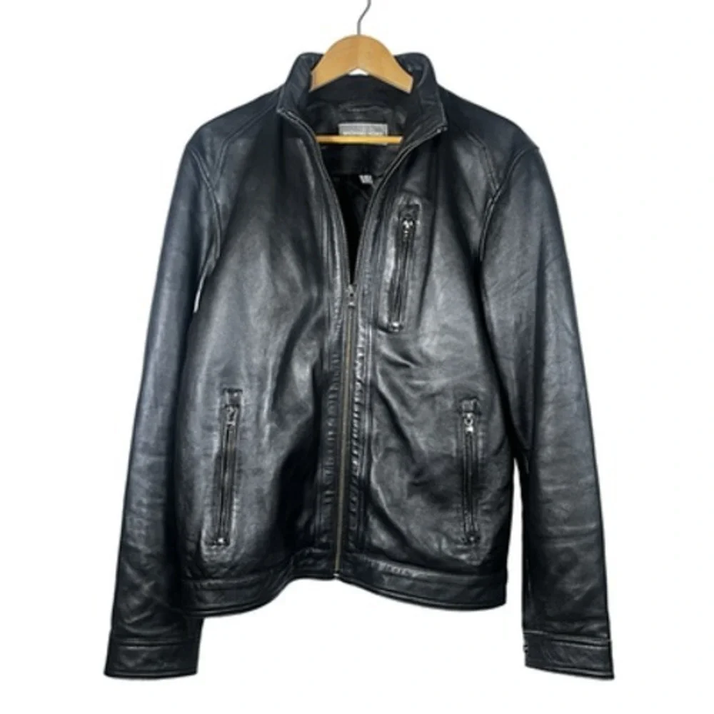 Michael Kors Leather Jacket Mens Medium Black Moto Full Zip Zipper Pockets